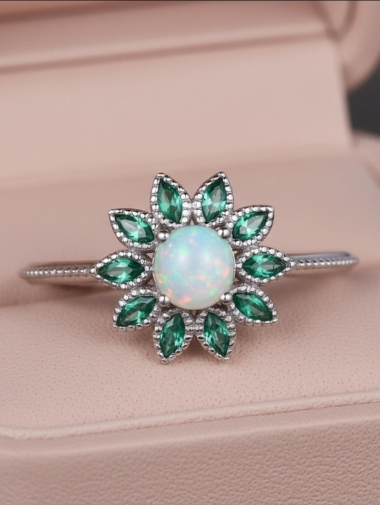 Jewelry - Beautiful Sterling Silver Opal and Emerald Flower Ring Size 6.5